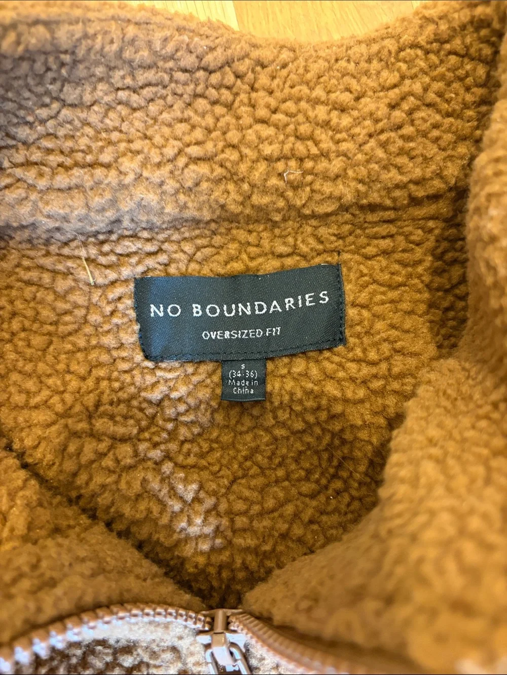 No Boundaries Brown Sherpa Zip-Up Sweater with Black Chest Pocket